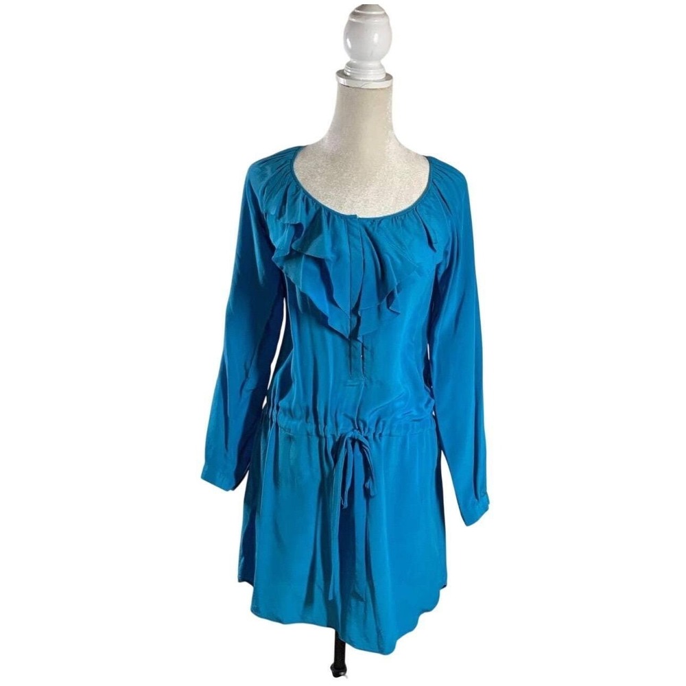 $395 REBECCA TAYLOR 100% Silk Ruffle Drawstring Waist Mini Dress Teal Blue Sz 10